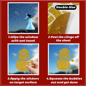Golden glitter snowman window sticker with a double-sided design and usage instructions