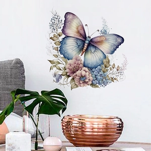 Watercolor floral wall sticker featuring a large blue butterfly and pink flowers