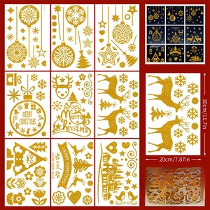 Detail of 9-sheet set of gold glitter Christmas gnome static window clings with 95 decals