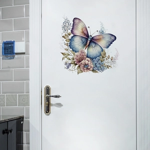 Floral butterfly wall sticker with blue and purple gradients for bedroom door decor