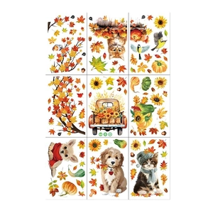 Stickers de fenêtre d'automne avec animaux mignons, citrouilles, tournesols et feuilles