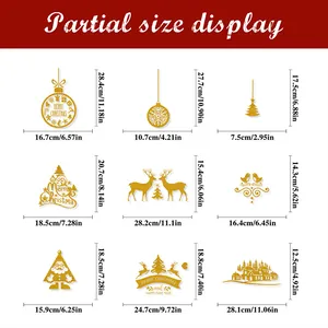Size guide for 9 gold glitter Christmas window stickers including reindeer and trees