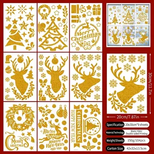 Detail of 9-sheet gold glitter Christmas gnome window clings showing 104 pieces of decals