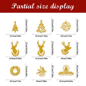 Detailed size chart showing nine golden Christmas gnome decals with CM and inch dimensions