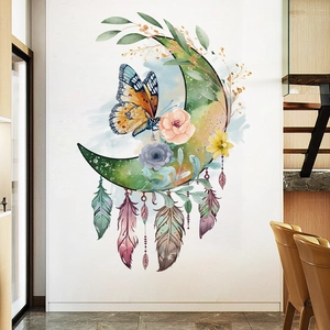 Bohemian watercolor wall sticker featuring a glittery green moon, butterfly, and feathers