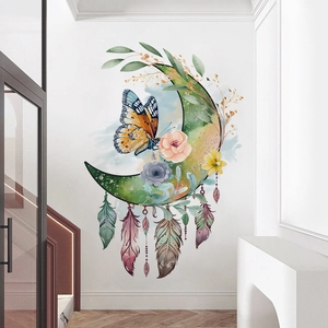 Bohemian watercolor wall sticker featuring a moon, colorful butterfly, and vibrant feathers