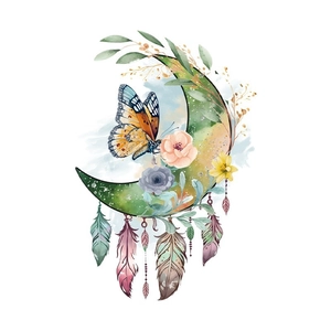 Boho dreamcatcher wall sticker with crescent moon, vibrant flowers and feathers