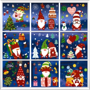 Christmas Window Clings Static Stickers Double Sided Printing Holiday Decor Gnome Reindeer Snowflake Glitter PVC Decal