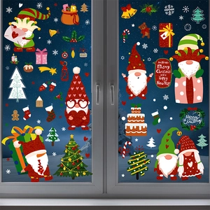 Glittery Christmas gnome window clings set with festive trees and snowflakes for glass decor