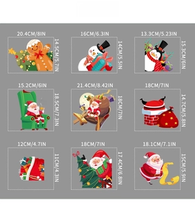 Detailed size chart for Christmas window stickers featuring Santa, snowman and gingerbread