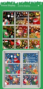 Close-up of Christmas window decals featuring Santa Claus, snowman, and holiday motifs