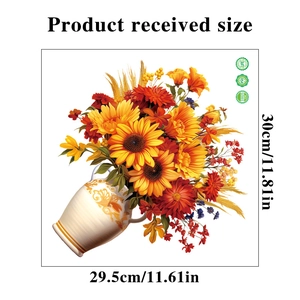 Detail view of floral bathroom wall sticker with sunflower bouquet and 30cm size info
