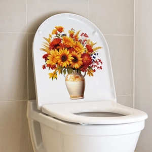 Waterproof floral toilet seat sticker with vintage oil painting style sunflower bouquet