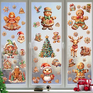 Detail of Christmas window stickers with cartoon gingerbread man and reindeer designs