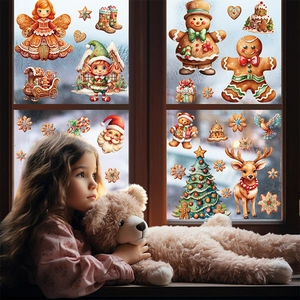 Christmas window decals set with gingerbread man and santa stickers in cozy festive room