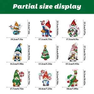 Detailed chart showing precise dimensions for nine different Christmas gnome window stickers