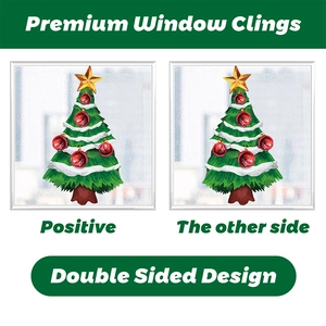 Detail of double-sided Christmas tree window cling with red ornaments and star
