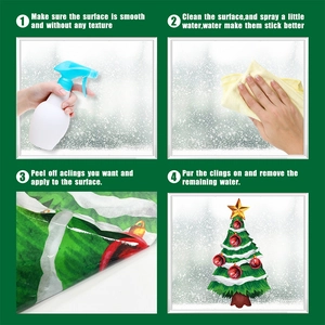 Step-by-step guide showing how to apply the Christmas gnome window sticker using water spray