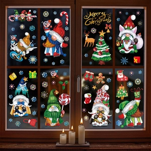 Festive Christmas window decals featuring Gnomes, snowflakes, and Merry Christmas text