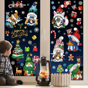 Christmas window decals with gnomes and snowflakes for festive holiday home glass decor