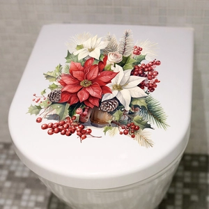 Christmas floral toilet lid decal with red poinsettias and pine cones on white background