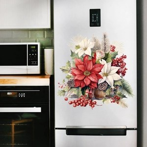 Christmas floral refrigerator stickers with watercolor poinsettias, berries and pine cones