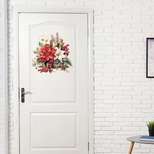 Detailed Christmas poinsettia flower door sticker with red berries and pine cones