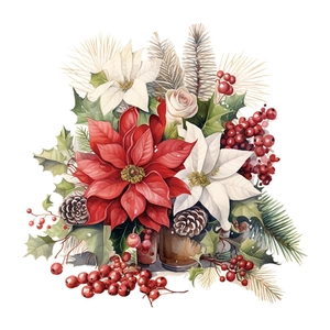 Floral toilet sticker with red and white poinsettia and pine cones for bathroom decor