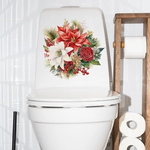 Floral toilet sticker with red poinsettia and green pine needles on white ceramic tank