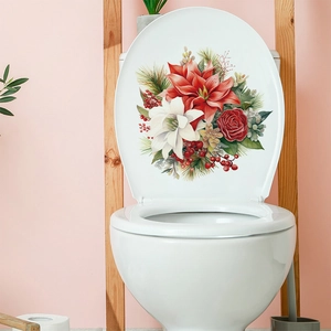Floral toilet lid sticker with red Christmas flowers and pine needles decoration