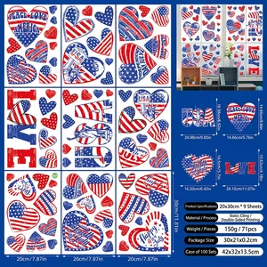 Set of 9 double-sided Independence Day window clings featuring USA and flag designs