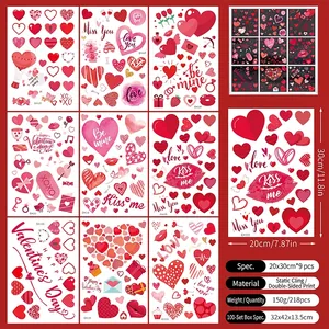 Détail du lot de 9 stickers fenêtre Saint-Valentin avec motifs cœurs et roses recto-verso