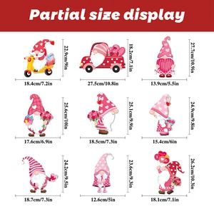 Tableau des tailles pour 9 stickers nains de Saint-Valentin avec dimensions pour vitres