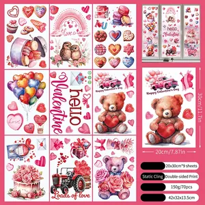 Detail of 9-sheet Valentine window clings showing bear and heart patterns on static film