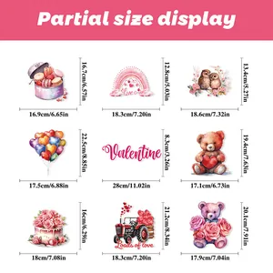 Detailed size chart for Valentine's Day window stickers including teddy bear and heart patterns