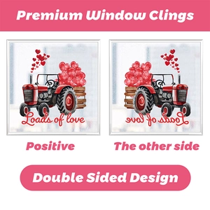 Double-sided Valentine tractor window cling with red heart balloons and Loads of Love text