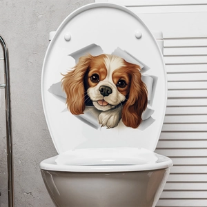 3D realistic Cavalier King Charles Spaniel dog sticker showing wall-breaking effect on a toilet