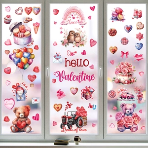 Detail of Valentine static window clings with watercolor bears and pink heart designs