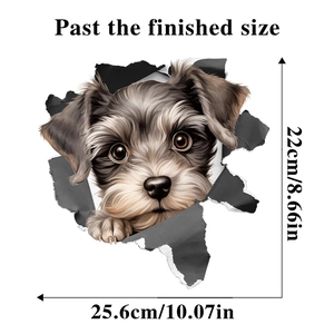 Detailed size specifications for 3D cartoon dog wall sticker with realistic pet design