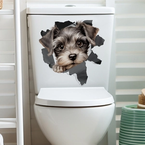 Detailed 3D creative wall sticker featuring a realistic dog emerging through a white wall