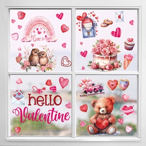 Valentine's Day window static stickers with watercolor teddy bears and hearts decor