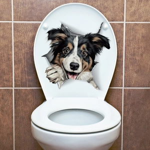 Detailed view of 3D Border Collie wall decal applied on a white toilet lid cover