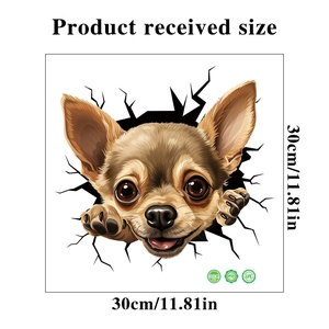Detailed 30x30cm PVC chihuahua dog sticker showing 3D visual effect and product dimensions