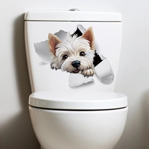 3D realistic West Highland White Terrier sticker with hole effect on white toilet cover