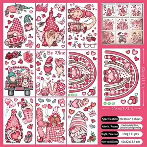 Lot de 9 autocollants de Saint-Valentin avec gnomes et cœurs pour décoration de vitres