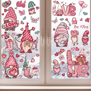 Stickers de fenêtre de la Saint-Valentin avec gnomes et cœurs sur fond de verre givré