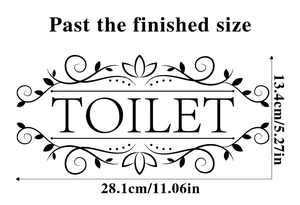 Adhesive black PVC toilet door sticker with elegant floral design and size dimensions