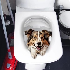 3D border collie dog toilet lid sticker decal applied on a white ceramic bathroom cover