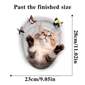 Detailed size chart for 3D cat and butterfly bathroom sticker, measuring 23cm by 28cm
