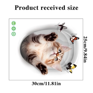 Detailed 30x25cm 3D cat and butterfly wall sticker with dimensions for bathroom decor